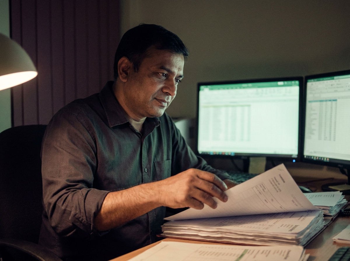 An accountant working late at a desk, lifting a page from a tall stack of paper invoices beside two monitors.
