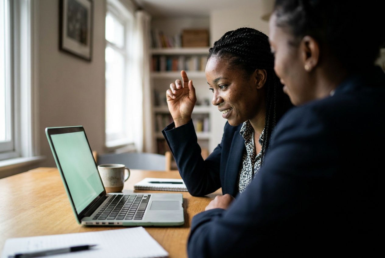 A small-business owner and her colleague going through figures on a laptop during a consultation call.