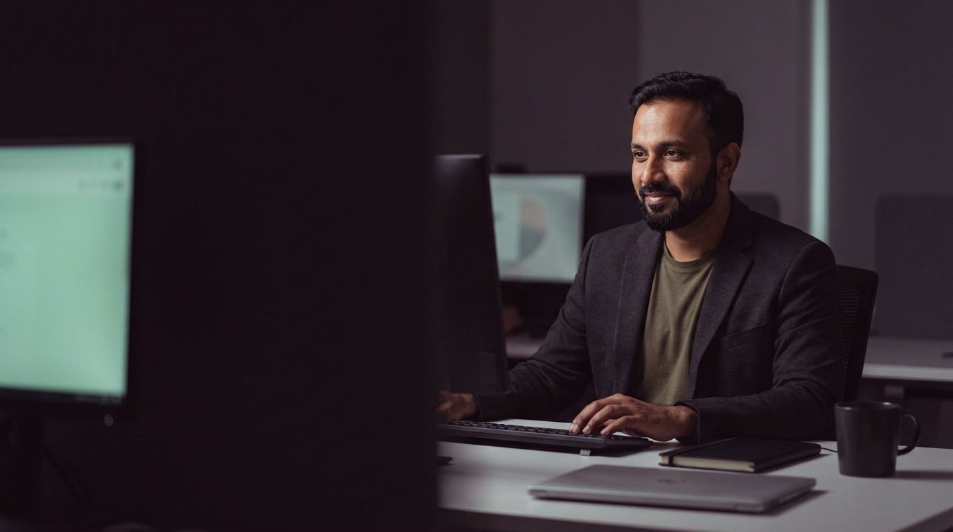 An accountant at his desk, glancing across to a second monitor while he works.