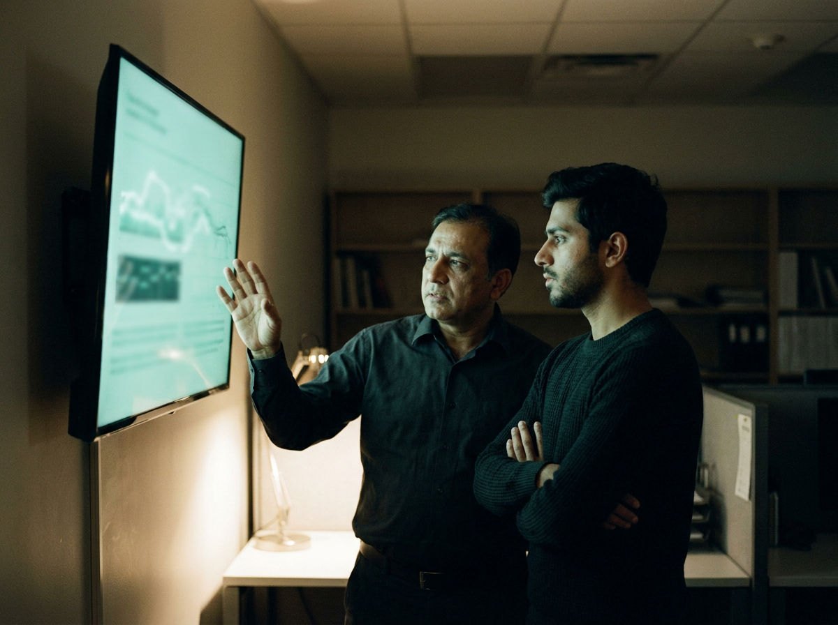 Two colleagues in a quiet office at night, one explaining a dashboard on a wall-mounted screen to the other.
